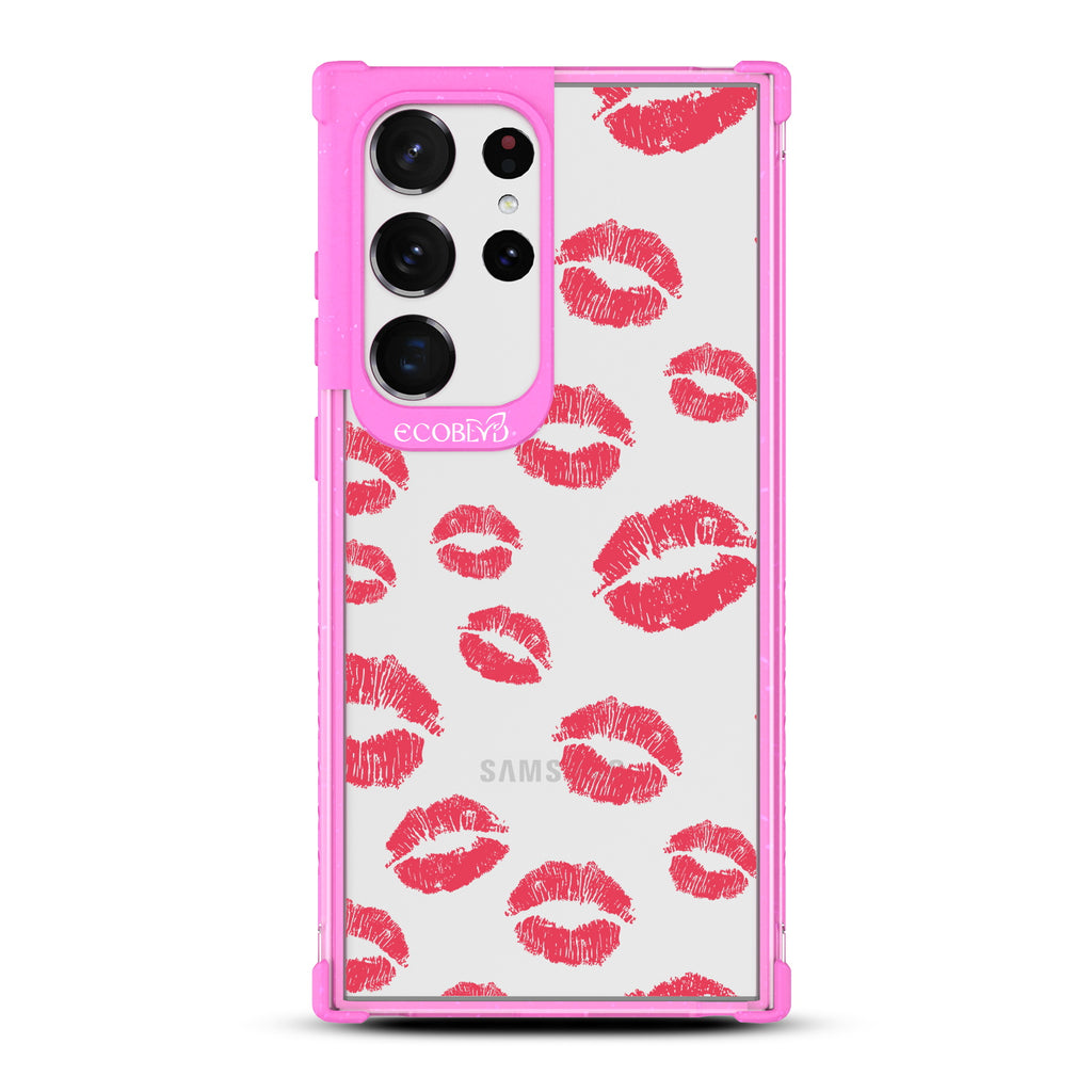 Bisou - Pink Eco-Friendly Galaxy S23 Ultra Case with Red Lipstick Kisses On A Clear Back