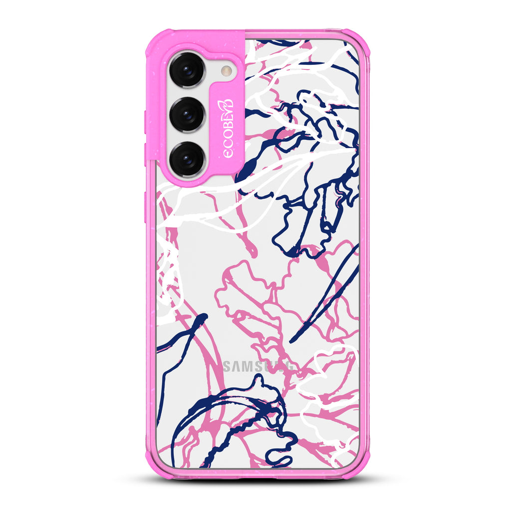 Outside the Lines - Pink Eco-Friendly Galaxy S23 Case With Minimalist Abstract Lines & Squiggles On A Clear Back