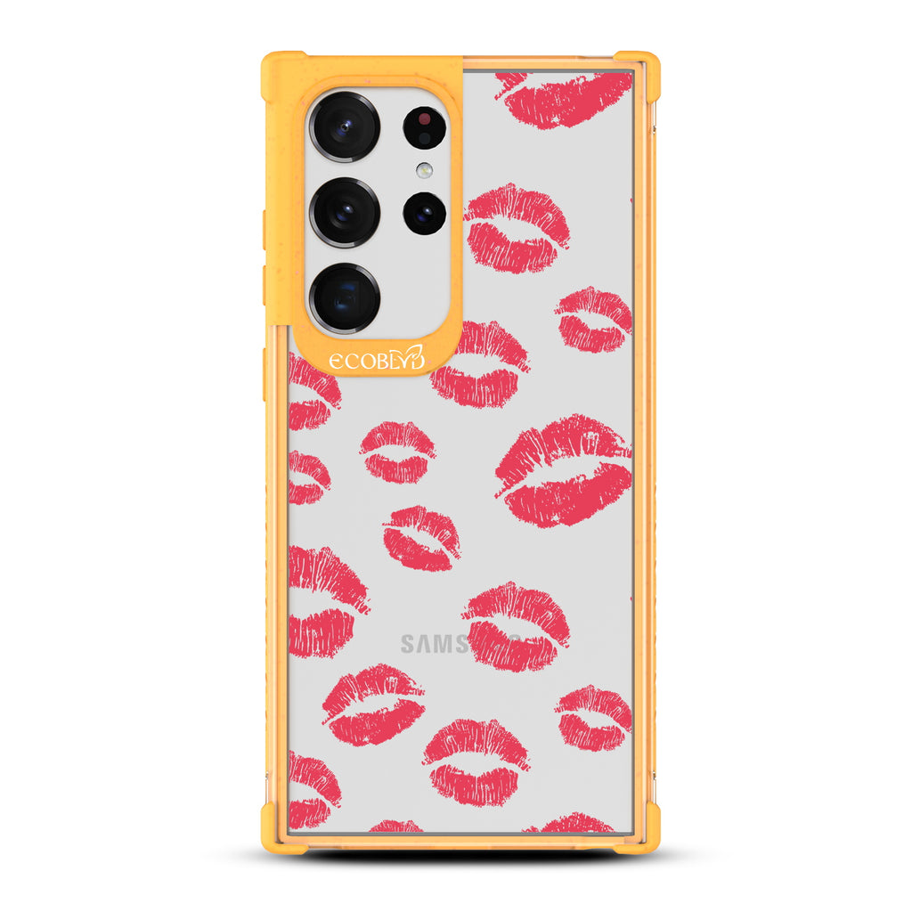 Bisou - Yellow Eco-Friendly Galaxy S23 Ultra Case with Red Lipstick Kisses On A Clear Back