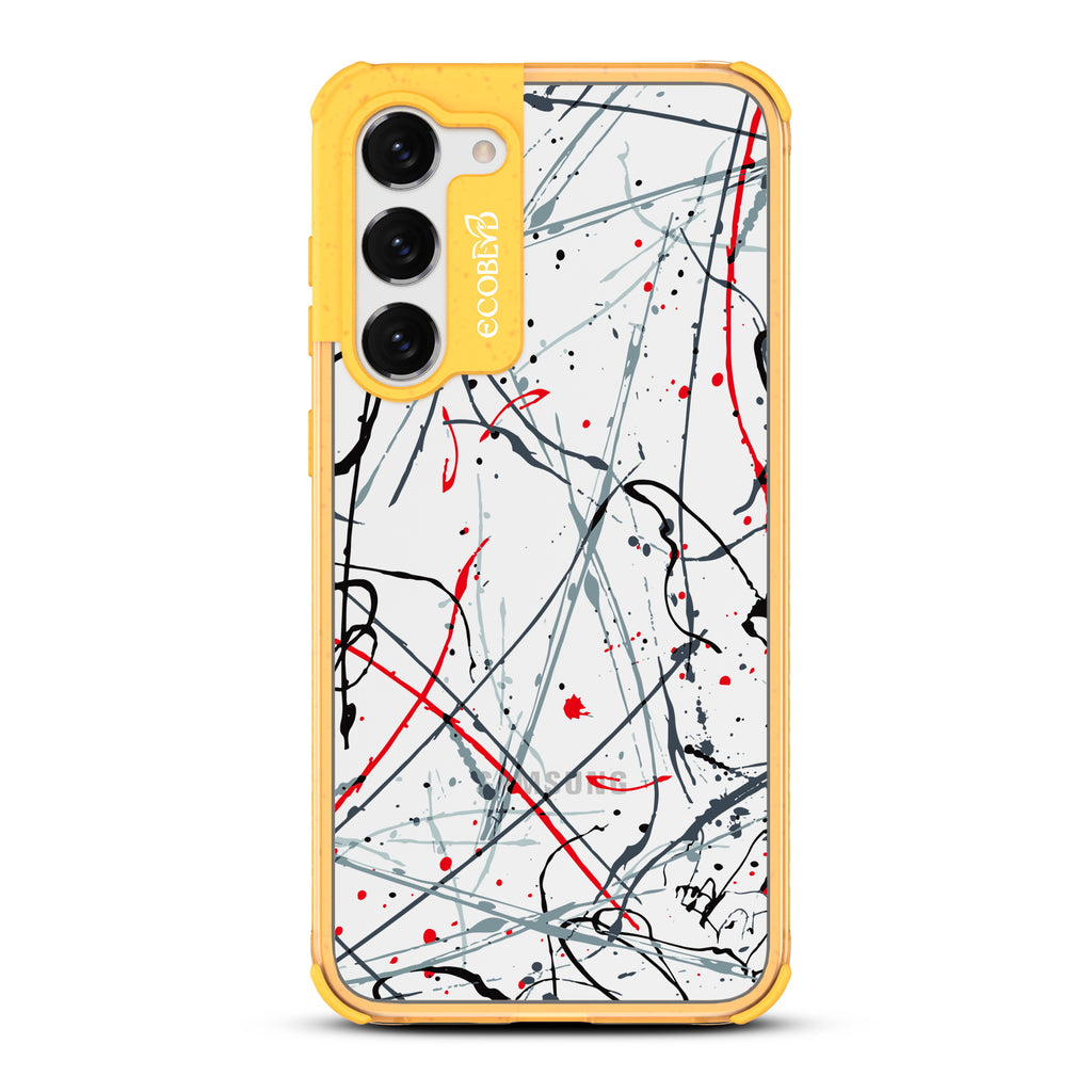 Stroke Of Genius - Yellow Eco-Friendly Galaxy S23 Case With Black & Red Paint Splatter On A Clear Back