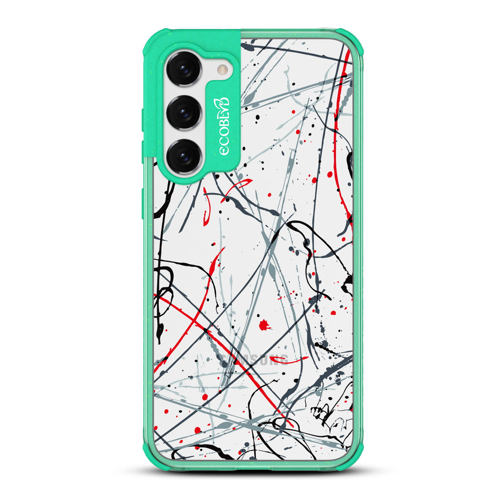 Stroke Of Genius - Green Eco-Friendly Galaxy S23 Case With Black & Red Paint Splatter On A Clear Back