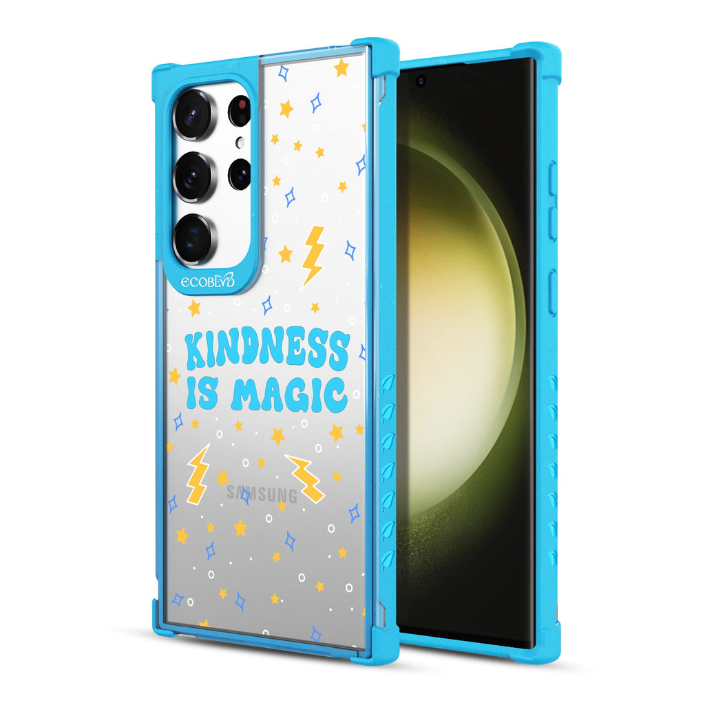 Kindness Is Magic - Back View Of Blue & Clear Eco-Friendly Galaxy S23 Ultra Case & A Front View Of The Screen
