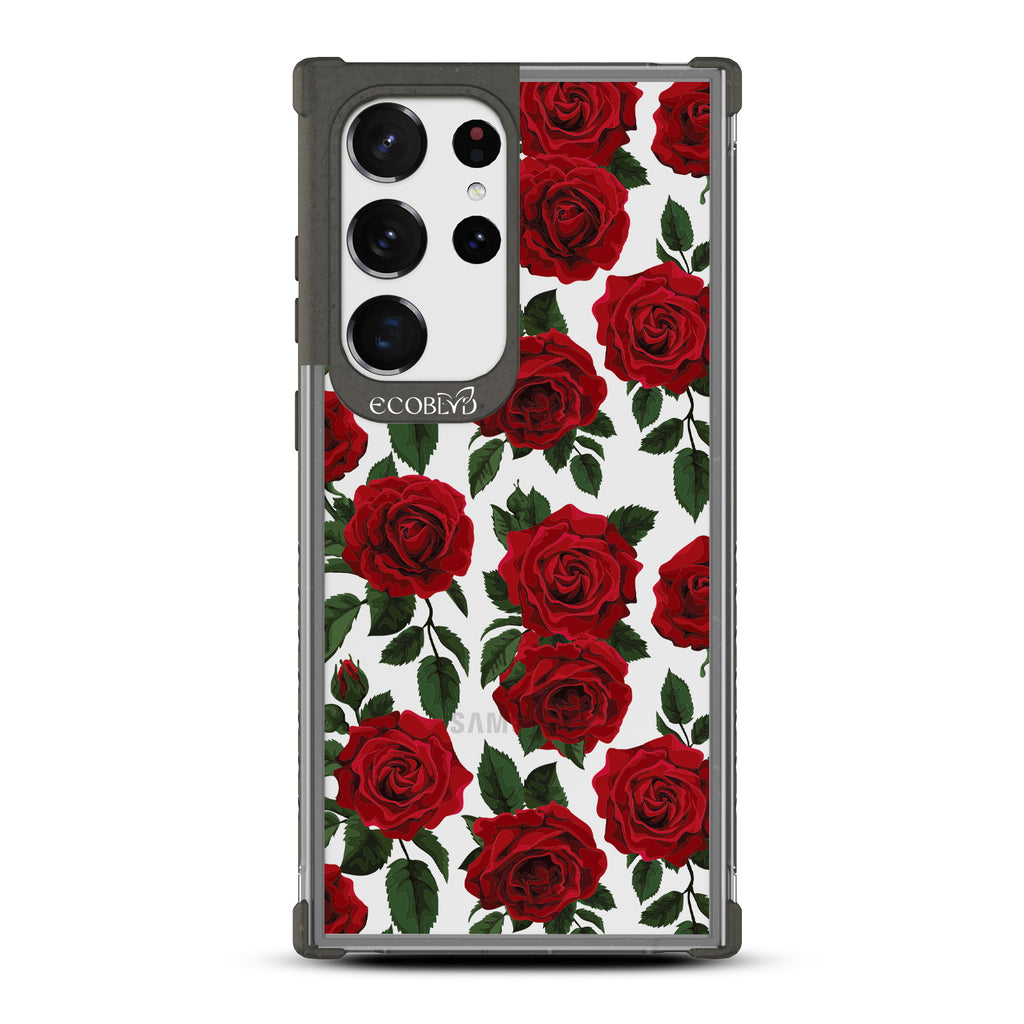 Smell the Roses - Black Eco-Friendly Galaxy S23 Ultra Case With Red Roses & Leaves On A Clear Back
