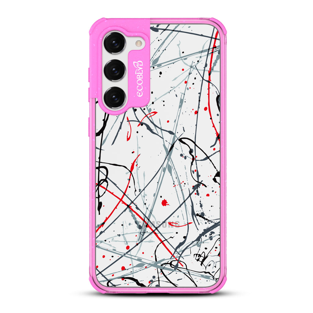 Stargazing - Pink Eco-Friendly Galaxy S23 Case With Black & Red Paint Splatter On A Clear Back