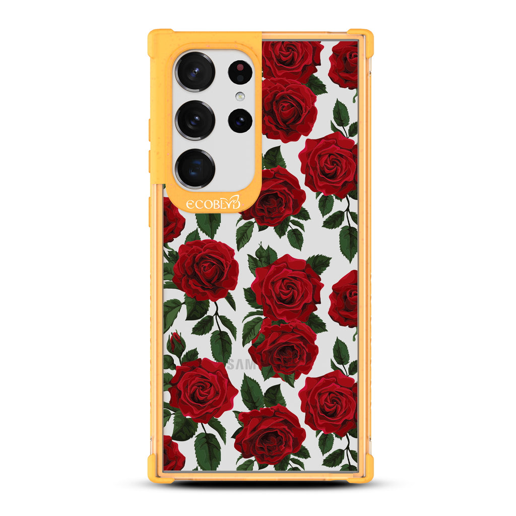 Smell the Roses - Yellow Eco-Friendly Galaxy S23 Ultra Case With Red Roses & Leaves On A Clear Back