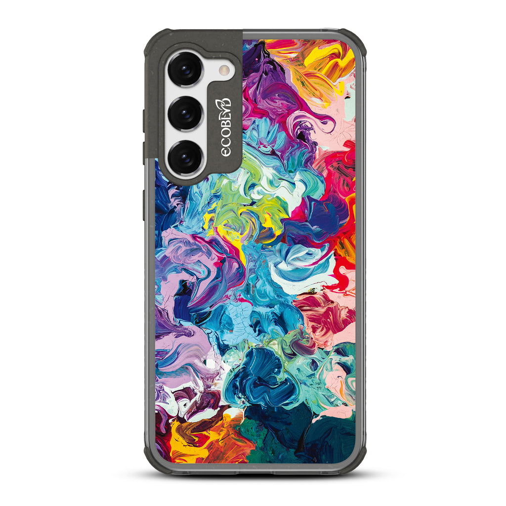 Give It A Swirl - Black Eco-Friendly Galaxy S23 Case With A Colorful Abstract Oil Painting On A Clear Back