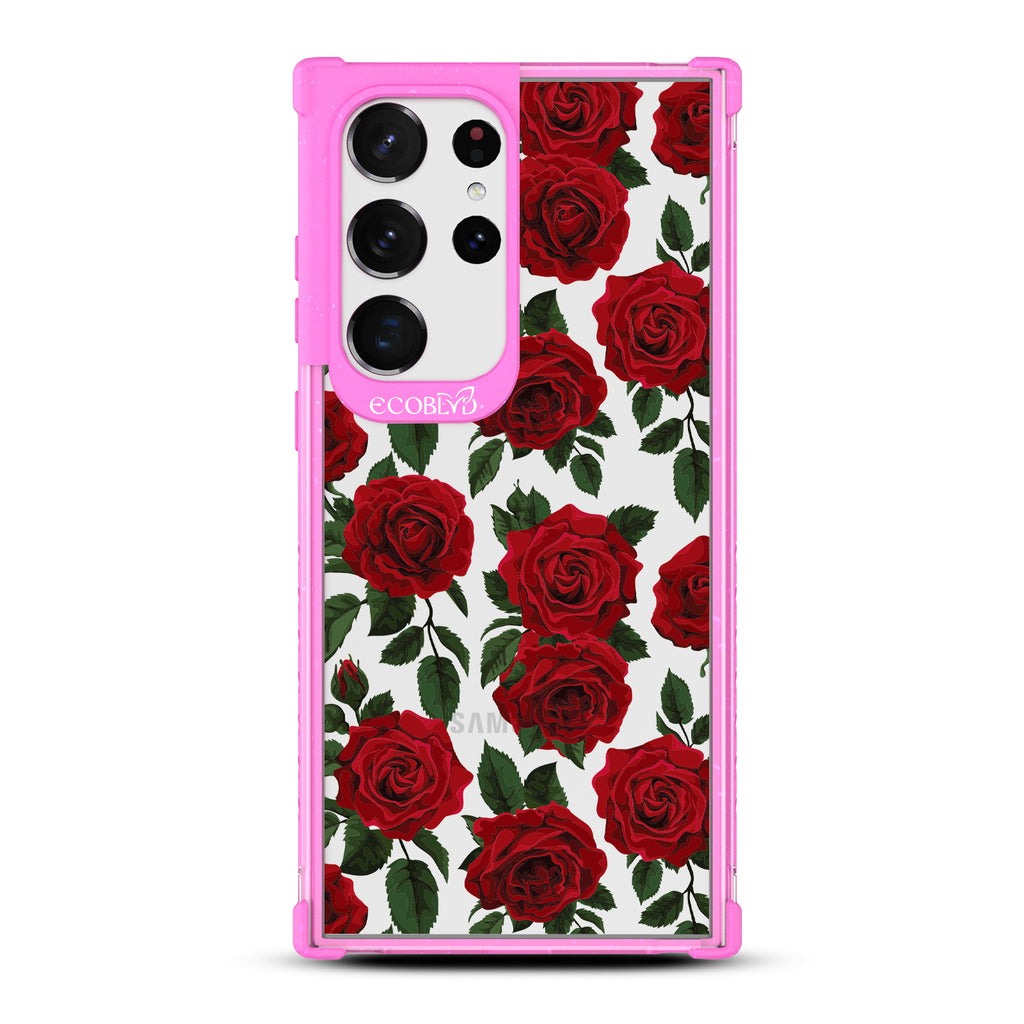 Smell the Roses - Pink Eco-Friendly Galaxy S23 Ultra Case With Red Roses & Leaves On A Clear Back