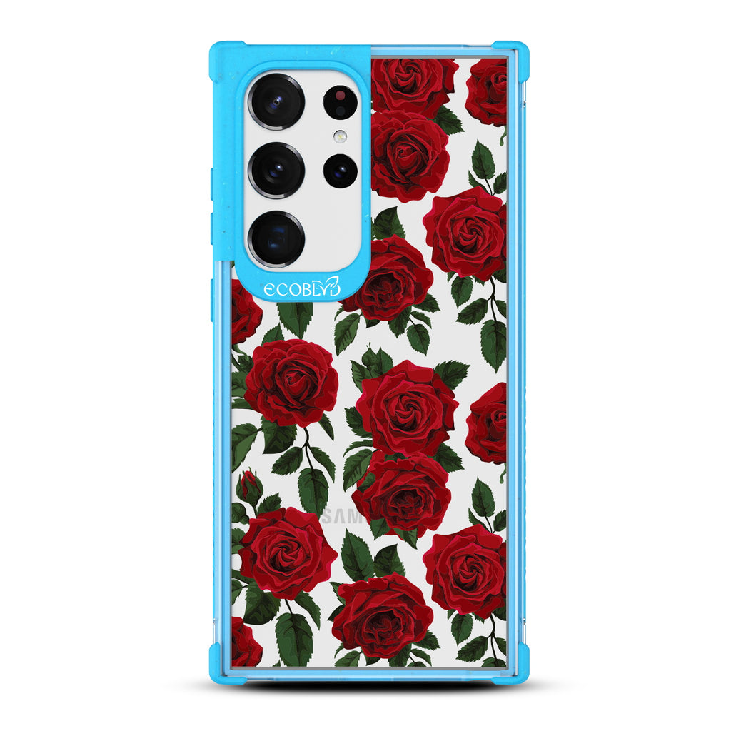 Smell the Roses - Blue Eco-Friendly Galaxy S23 Ultra Case With Red Roses & Leaves On A Clear Back