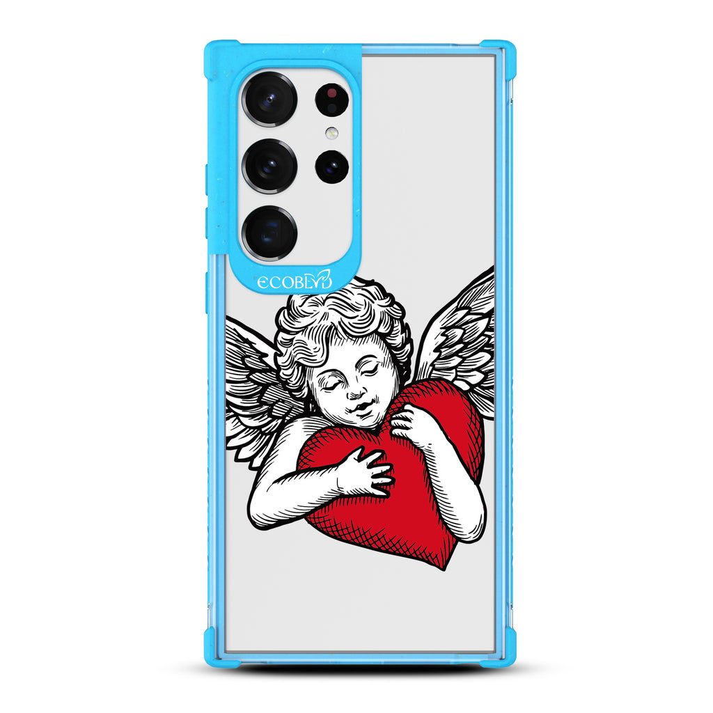 Cupid - Blue Eco-Friendly Galaxy S23 Ultra Case with Tattoo-Style Cupid + Red Heart On A Clear Back