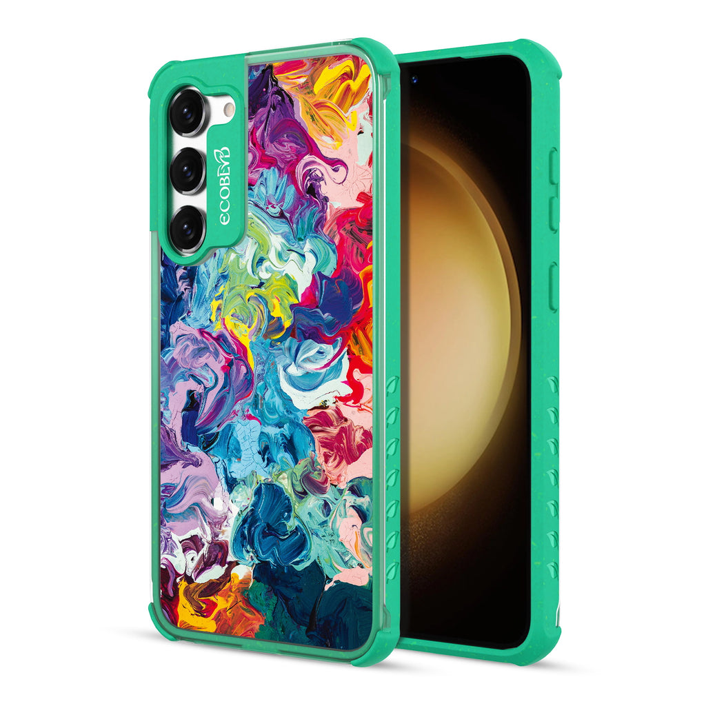 Give It A Swirl - Back View Of Green & Clear Eco-Friendly Galaxy S23 Case & A Front View Of The Screen