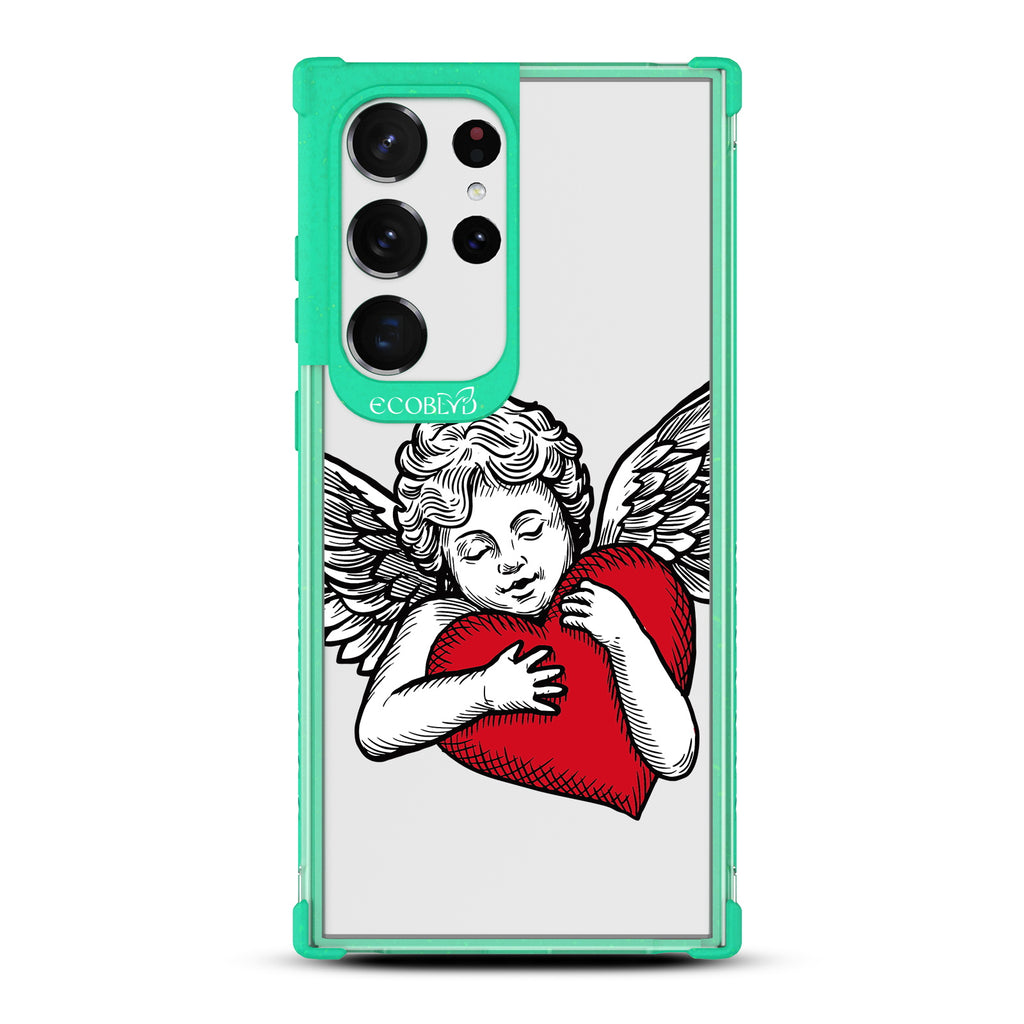 Cupid - Green Eco-Friendly Galaxy S23 Ultra Case with Tattoo-Style Cupid + Red Heart On A Clear Back