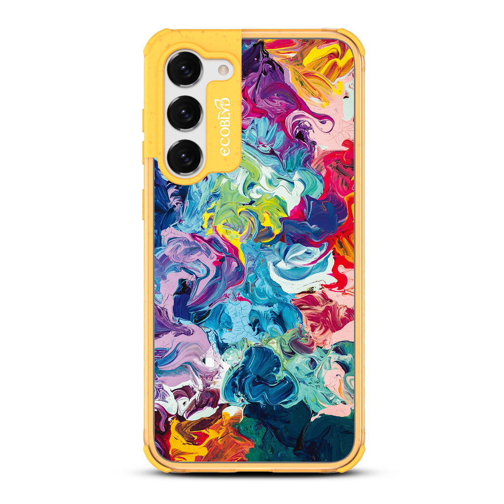 Give It A Swirl - Yellow Eco-Friendly Galaxy S23 Case With A Colorful Abstract Oil Painting On A Clear Back