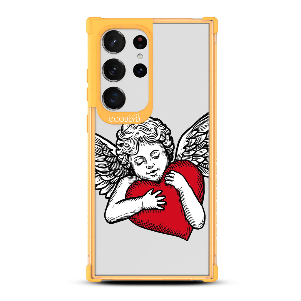 Cupid - Yellow Eco-Friendly Galaxy S23 Ultra Case with Tattoo-Style Cupid + Red Heart On A Clear Back