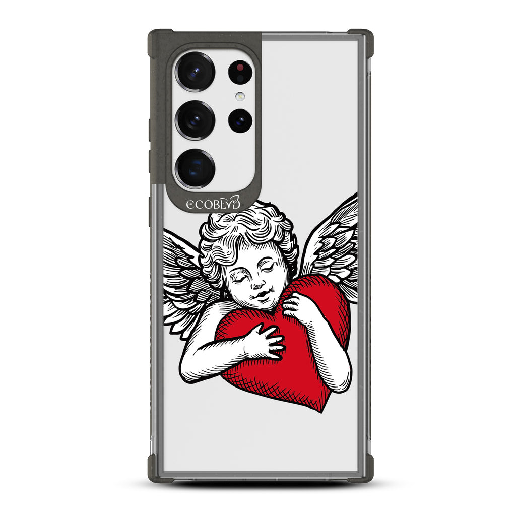 Cupid - Black Eco-Friendly Galaxy S23 Ultra Case with Tattoo-Style Cupid + Red Heart On A Clear Back