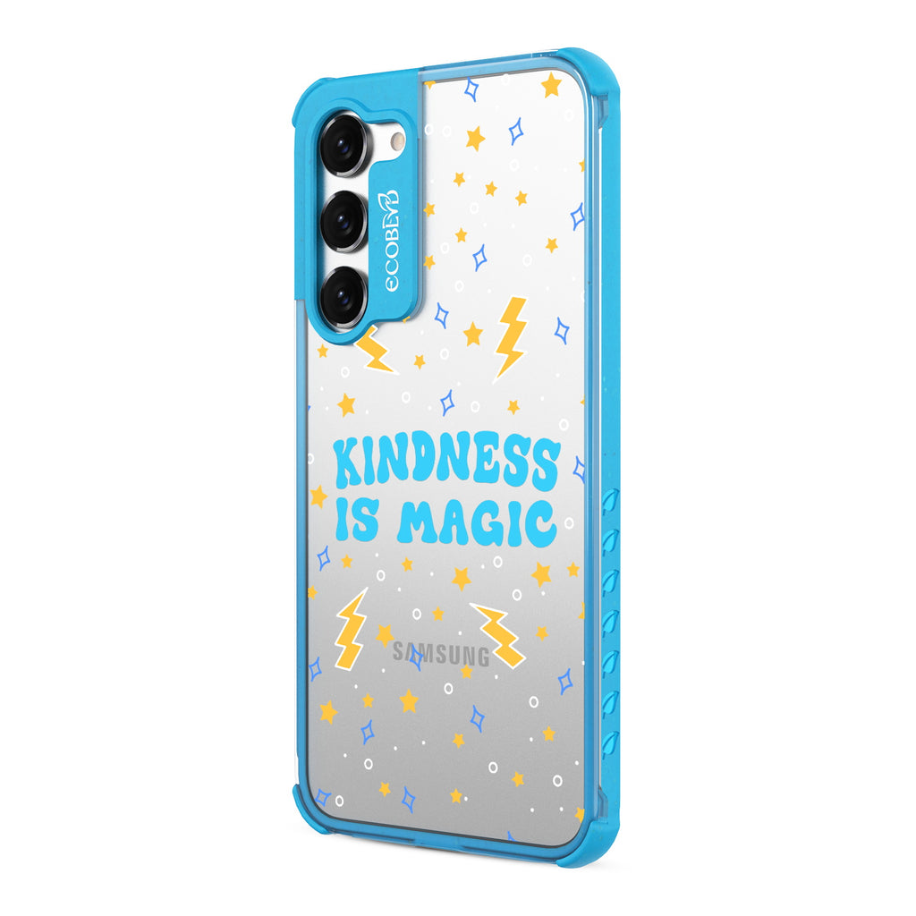 Kindness Is Magic - Right-side View Of Blue & Clear Eco-Friendly Galaxy S23 Case