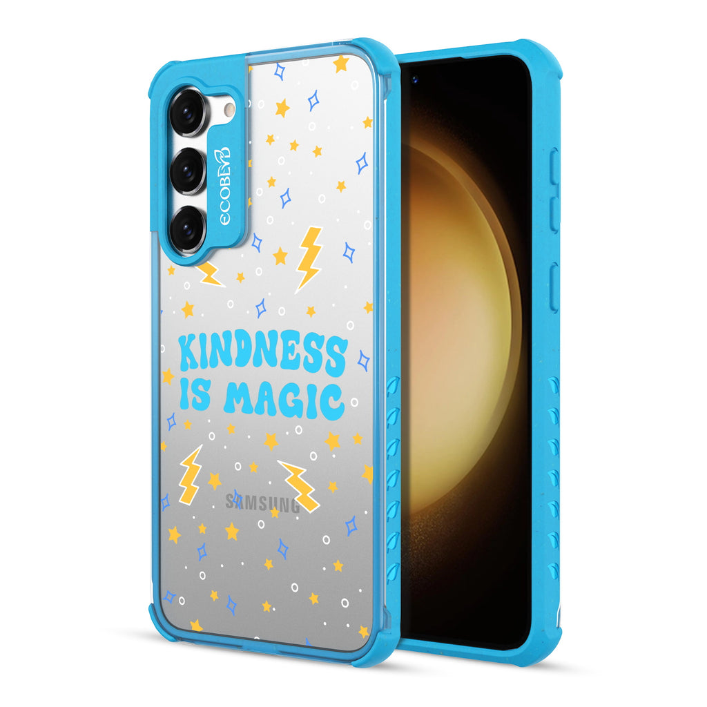 Kindness Is Magic - Back View Of Blue & Clear Eco-Friendly Galaxy S23 Case & A Front View Of The Screen