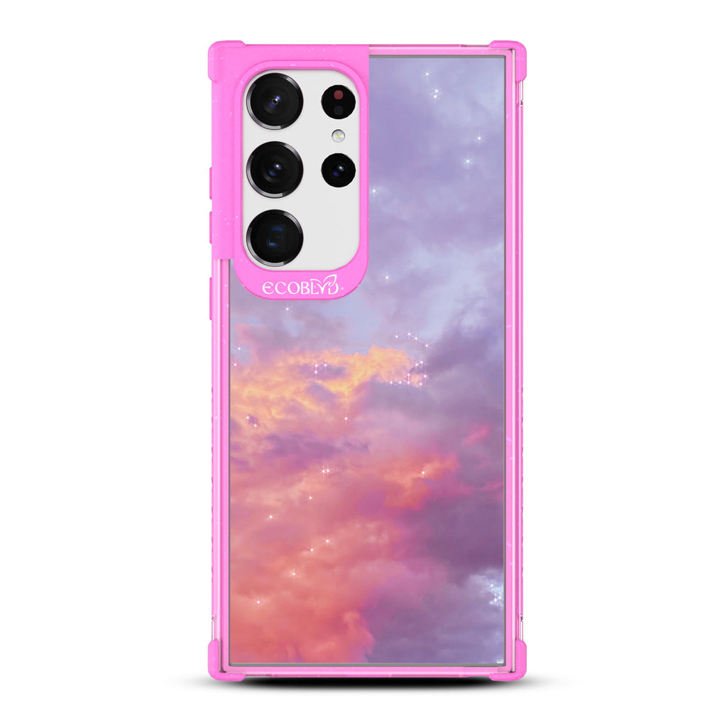 Star Crossed Lovers - Pink Eco-Friendly Galaxy S23 Ultra Case With Cloudy Pastel Sunset With Stars On A Clear Back