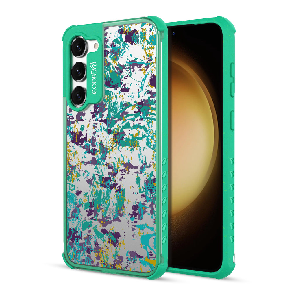  Paint The Town - Back View Of Green & Clear Eco-Friendly Galaxy S23 Case & A Front View Of The Screen