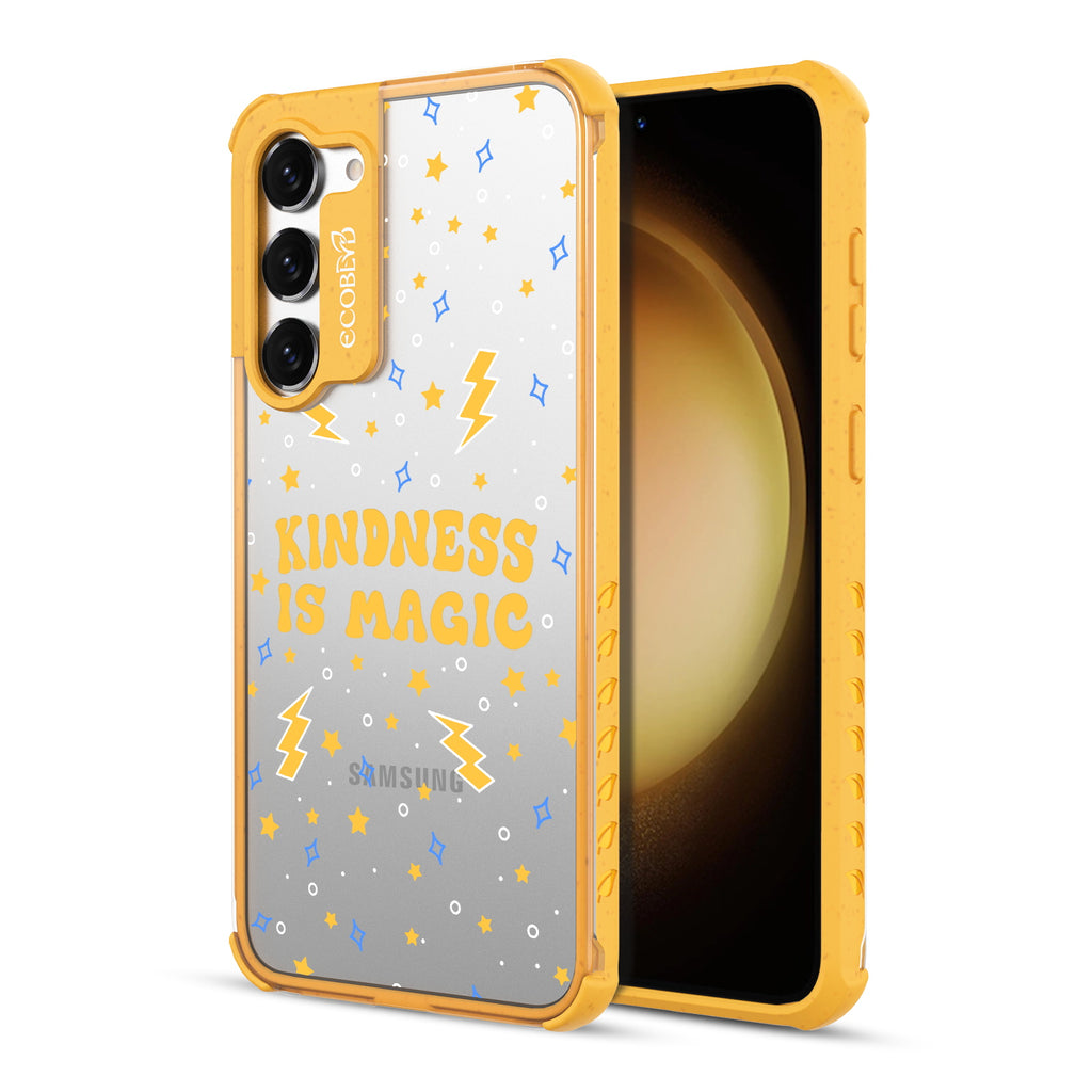 Kindness Is Magic - Back View Of Yellow & Clear Eco-Friendly Galaxy S23 Case & A Front View Of The Screen