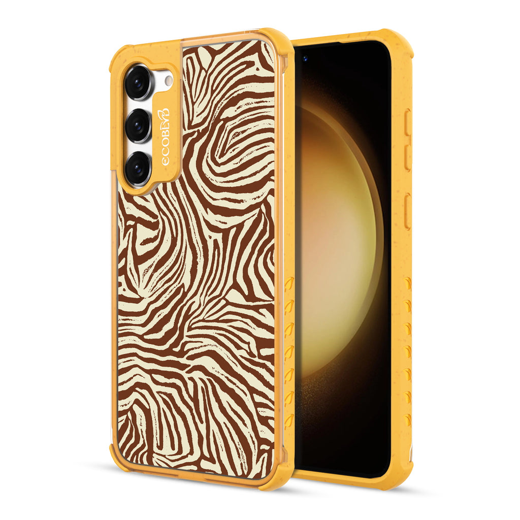 Wear Your Stripes - Back View Of Yellow & Clear Eco-Friendly Galaxy S23 Plus Case & A Front View Of The Screen
