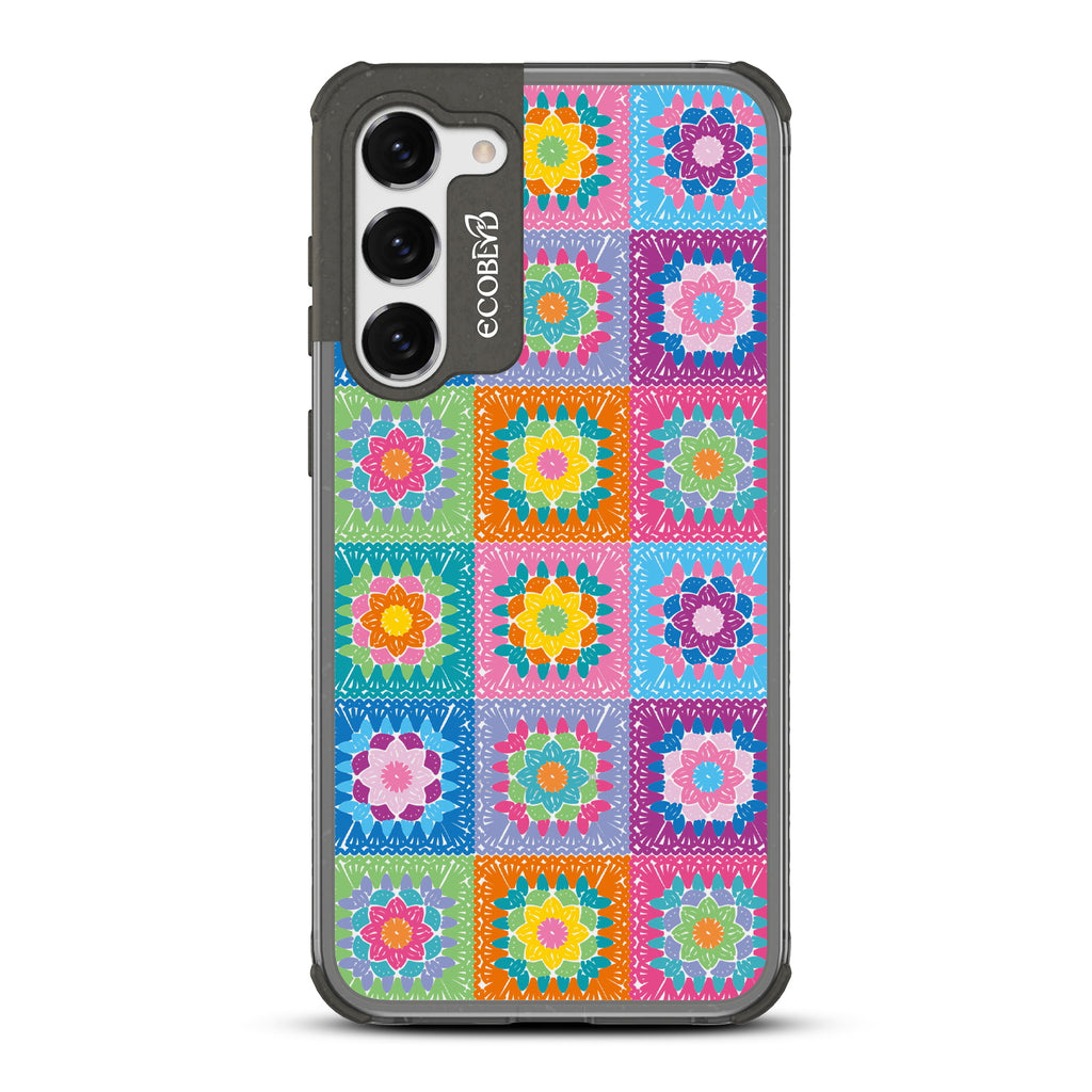 All Squared Away - Black Eco-Friendly Galaxy S23 Case with Colorful Crochet Patchwork Print On A Clear Back