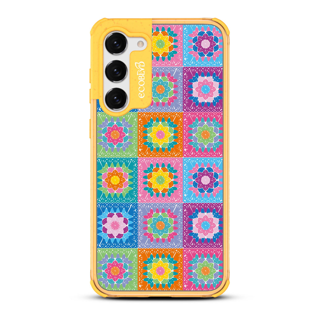  All Squared Away - Yellow Eco-Friendly Galaxy S23 Plus Case with Colorful Crochet Patchwork Print On A Clear Back