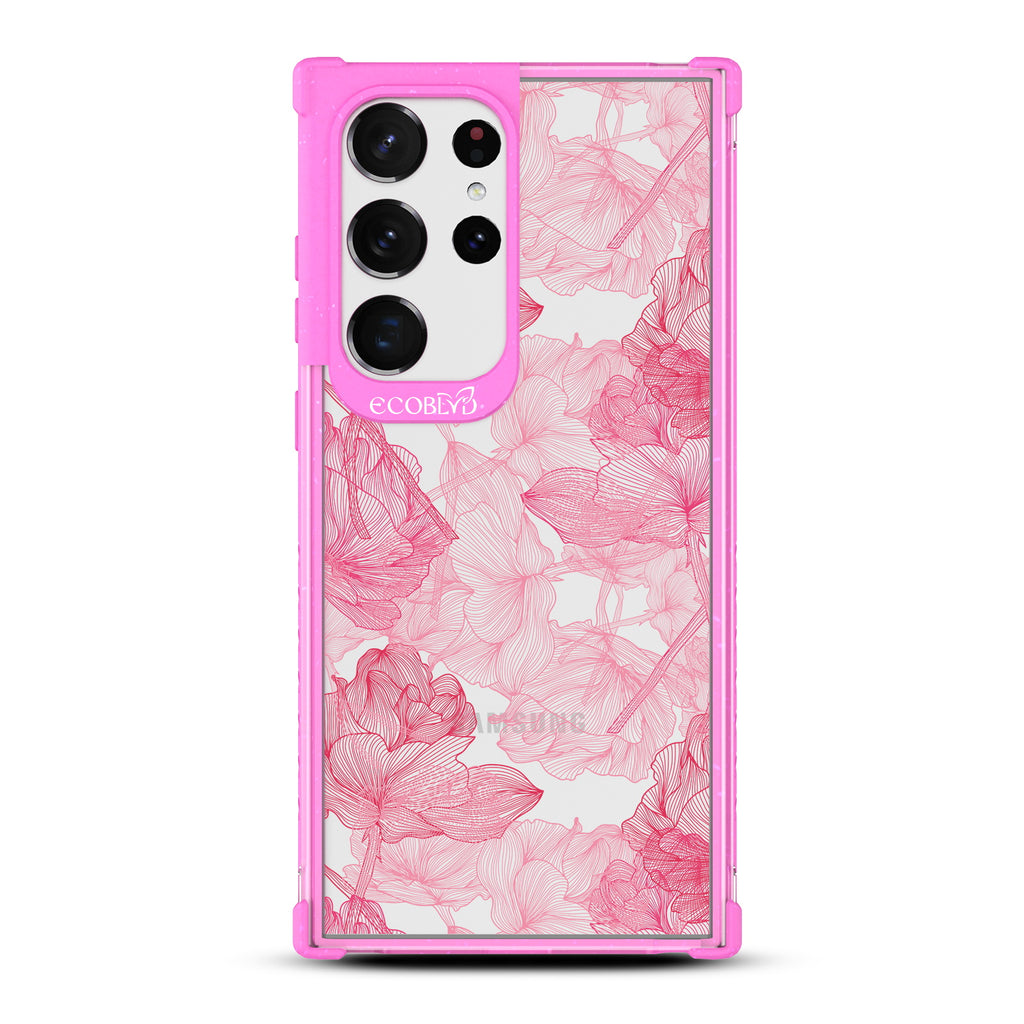 Blushed Pink - Pink Eco-Friendly Galaxy S23 Ultra Case with Pink Rose Floral Line Art On A Clear Back