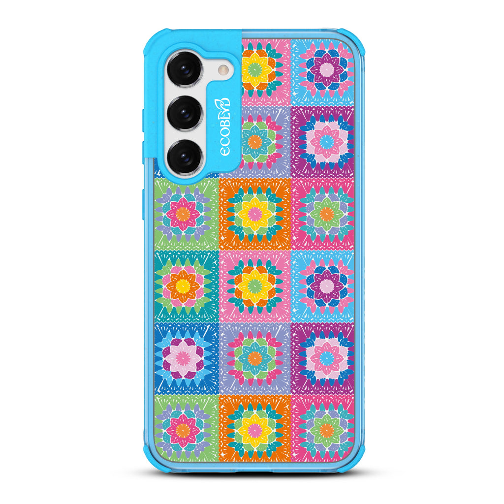 All Squared Away - Blue Eco-Friendly Galaxy S23 Plus Case with Colorful Crochet Patchwork Print On A Clear Back