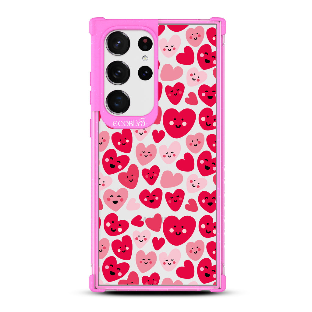 Happy Hearts - Pink Eco-Friendly Galaxy S23 Ultra Case With Pink & Red Smiling Cartoon Hearts On A Clear Back