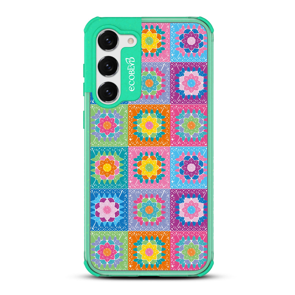All Squared Away - Green Eco-Friendly Galaxy S23 Case with Colorful Crochet Patchwork Print On A Clear Back