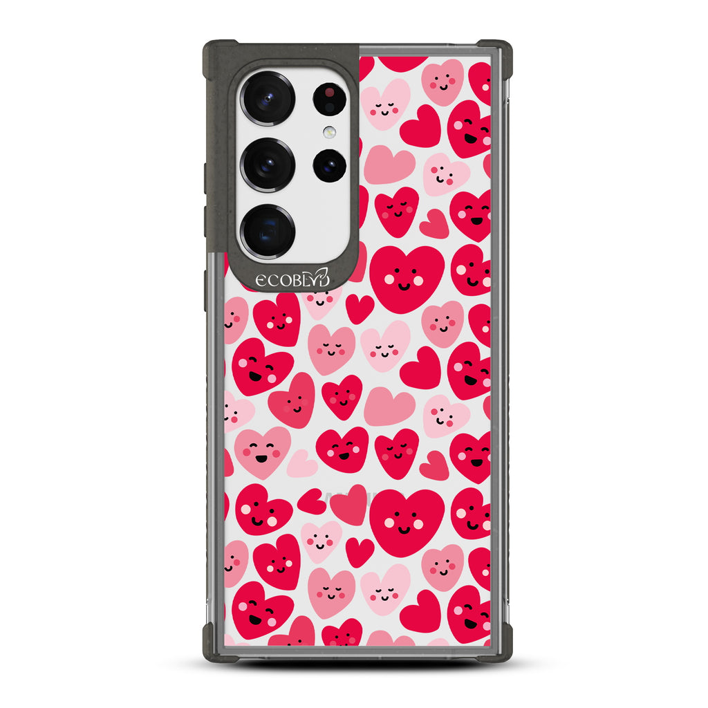 Happy Hearts - Black Eco-Friendly Galaxy S23 Ultra Case With Pink & Red Smiling Cartoon Hearts On A Clear Back