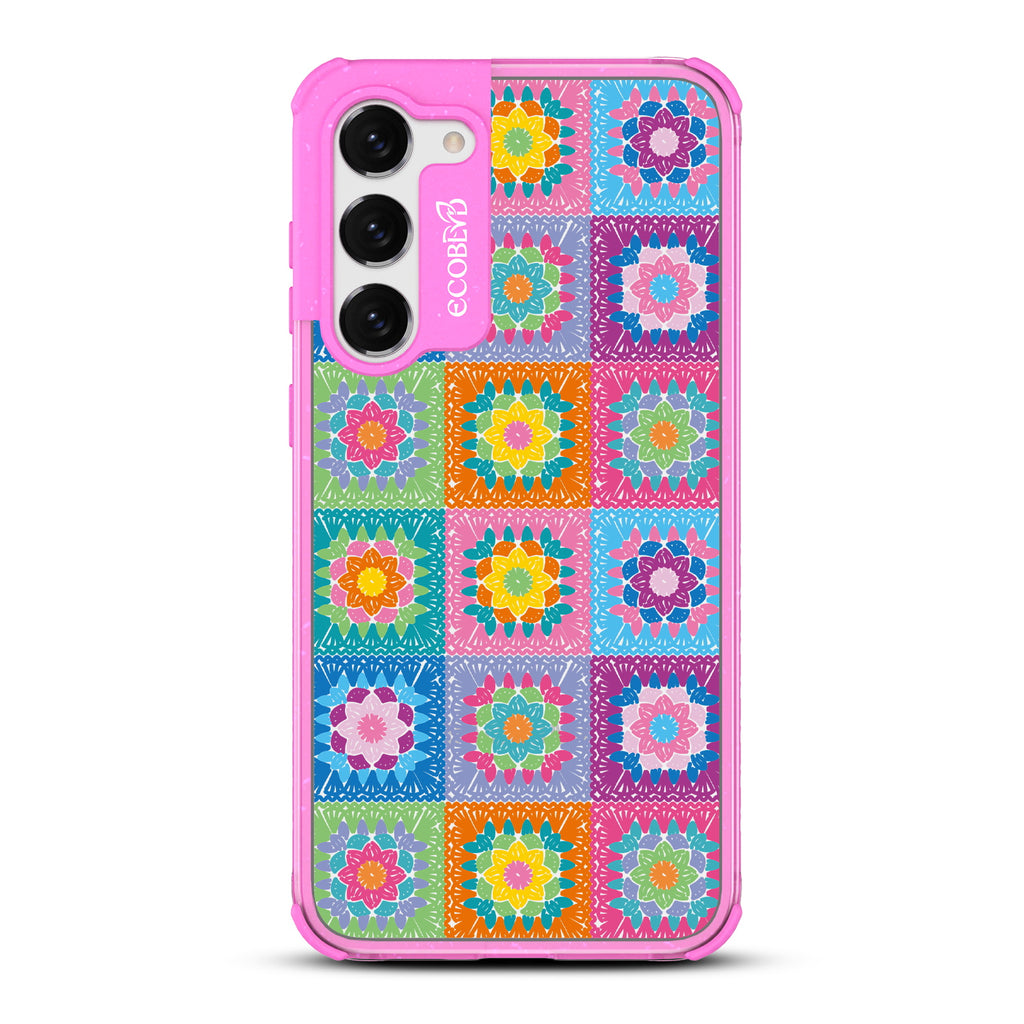 All Squared Away - Pink Eco-Friendly Galaxy S23 Case with Colorful Crochet Patchwork Print On A Clear Back