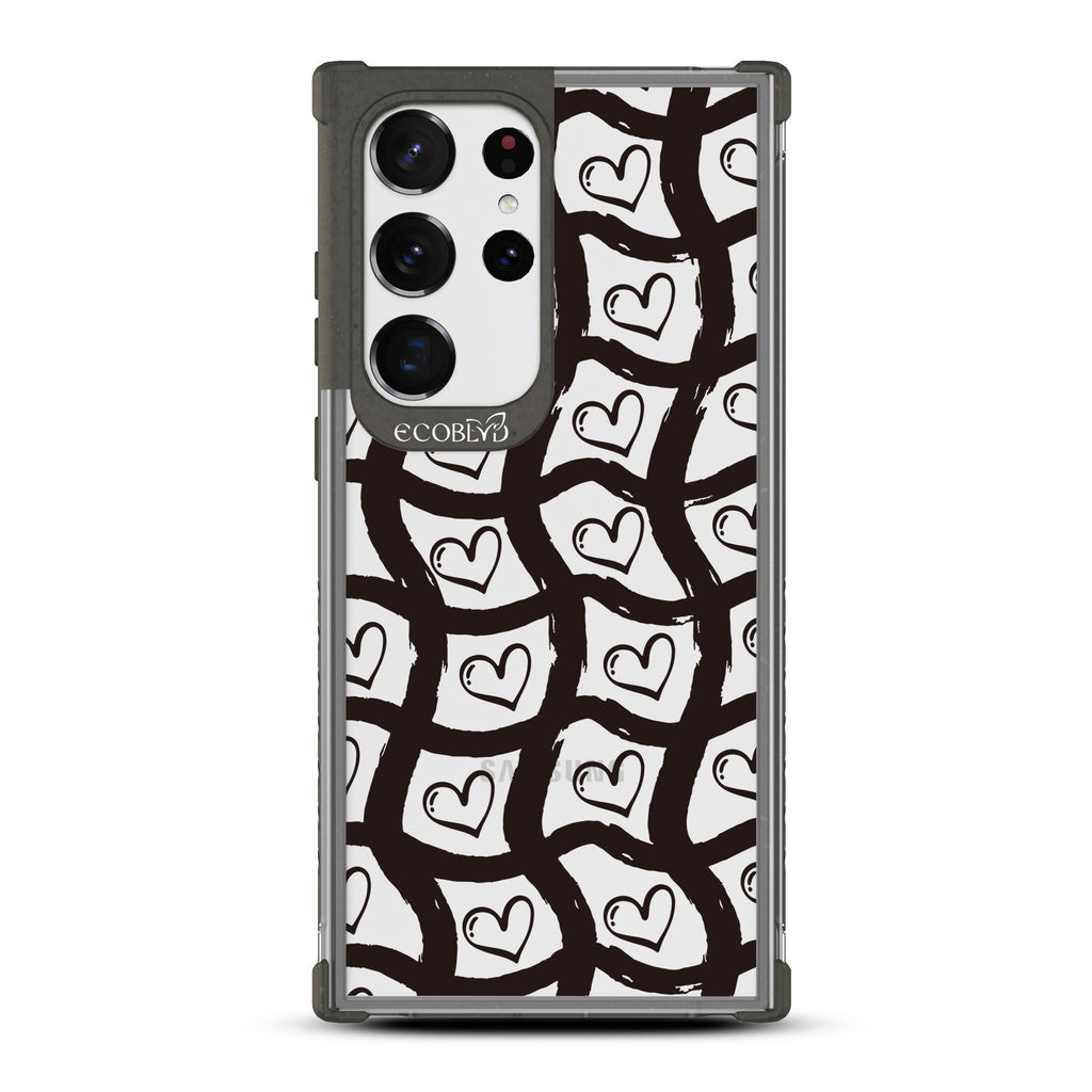 Waves Of Affection - Black Eco-Friendly Galaxy S23 Ultra Case With Wavy Paint Stroke Checker Print With Hearts On A Clear Back