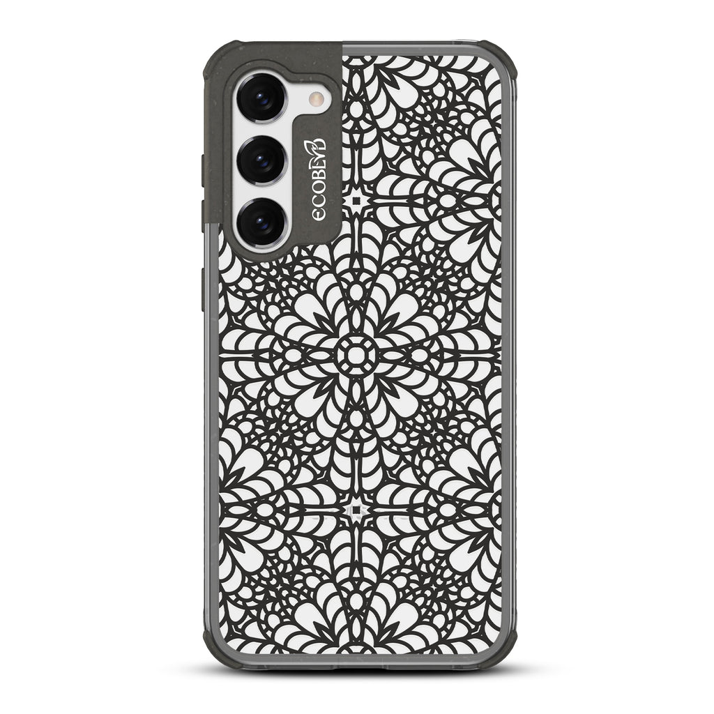 A Lil' Dainty - Black Eco-Friendly Galaxy S23 Case with Chantilly Lace Pattern On A Clear Back