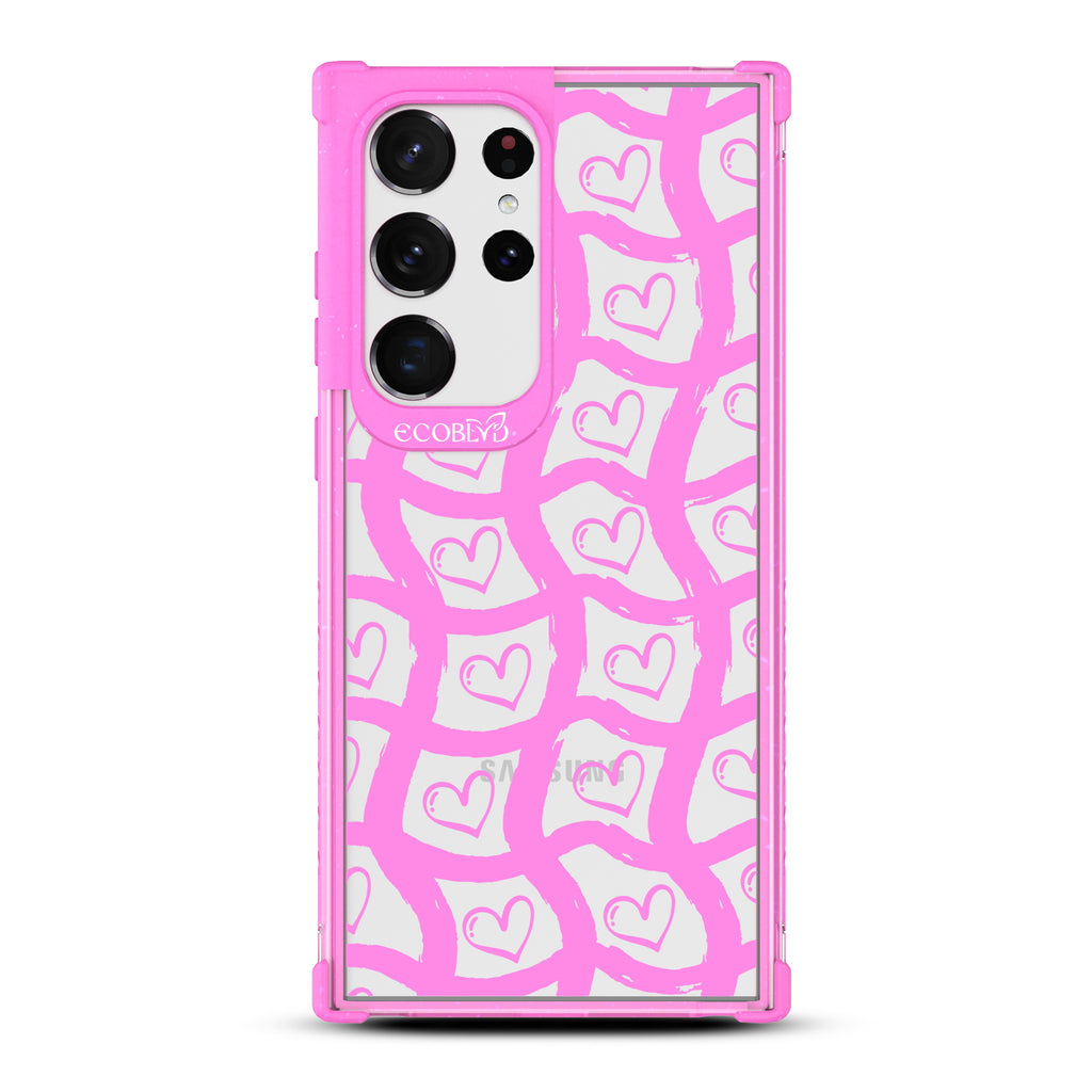 Waves Of Affection - Pink Eco-Friendly Galaxy S23 Ultra Case With Wavy Paint Stroke Checker Print With Hearts On A Clear Back