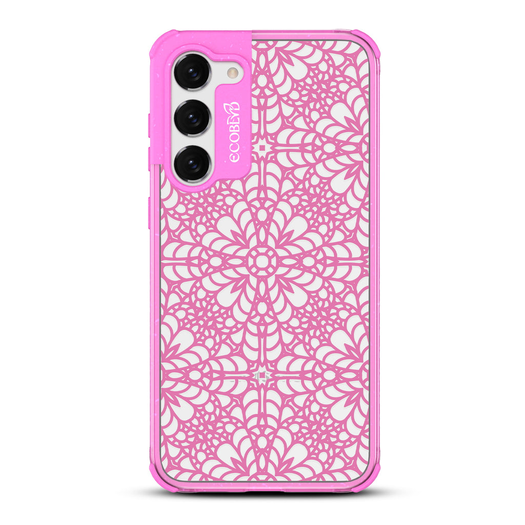 A Lil' Dainty - Pink Eco-Friendly Galaxy S23 Case with Chantilly Lace Pattern On A Clear Back