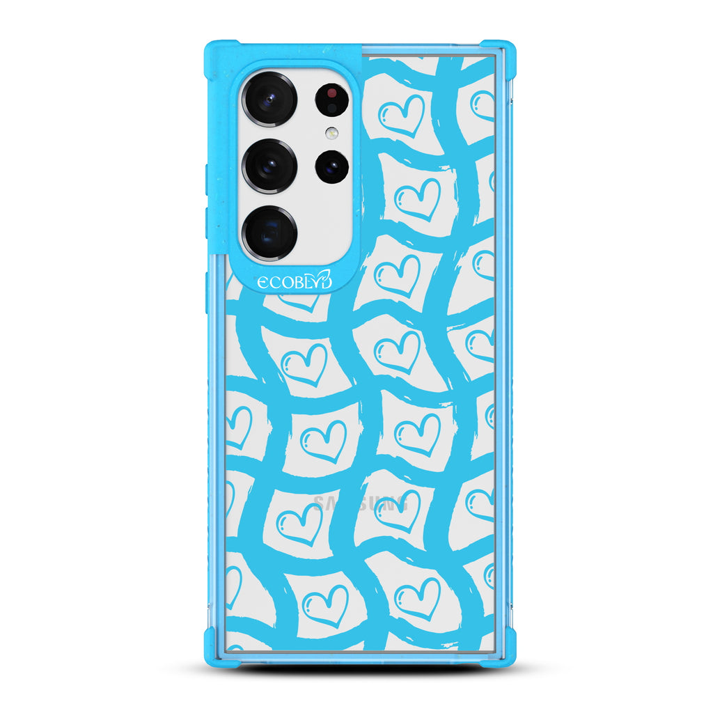 Waves Of Affection - Blue Eco-Friendly Galaxy S23 Ultra Case With Wavy Paint Stroke Checker Print With Hearts On A Clear Back