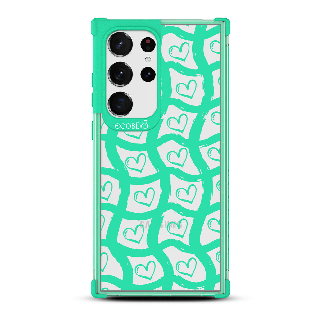 Waves Of Affection - Green Eco-Friendly Galaxy S23 Ultra Case With Wavy Paint Stroke Checker Print With Hearts On A Clear Back