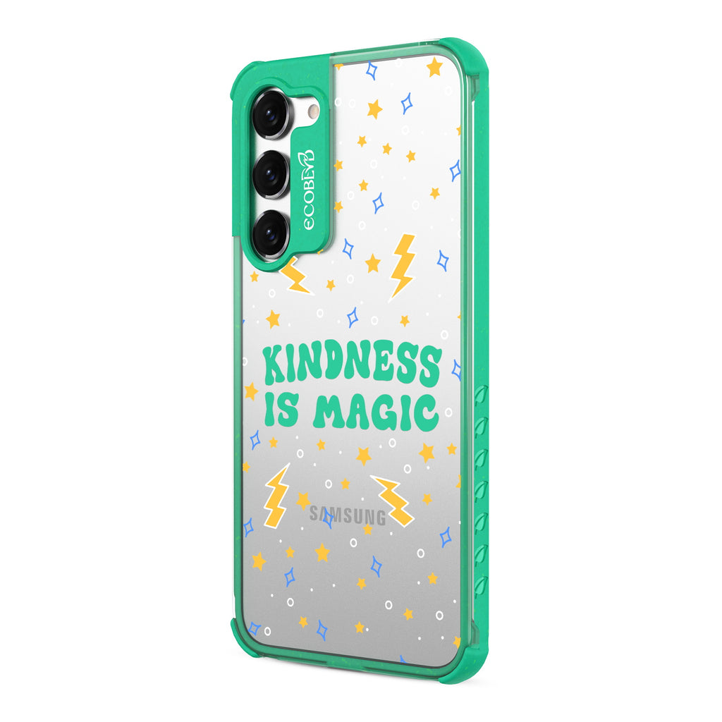 Kindness Is Magic - Right-side View Of Green & Clear Eco-Friendly Galaxy S23 Case