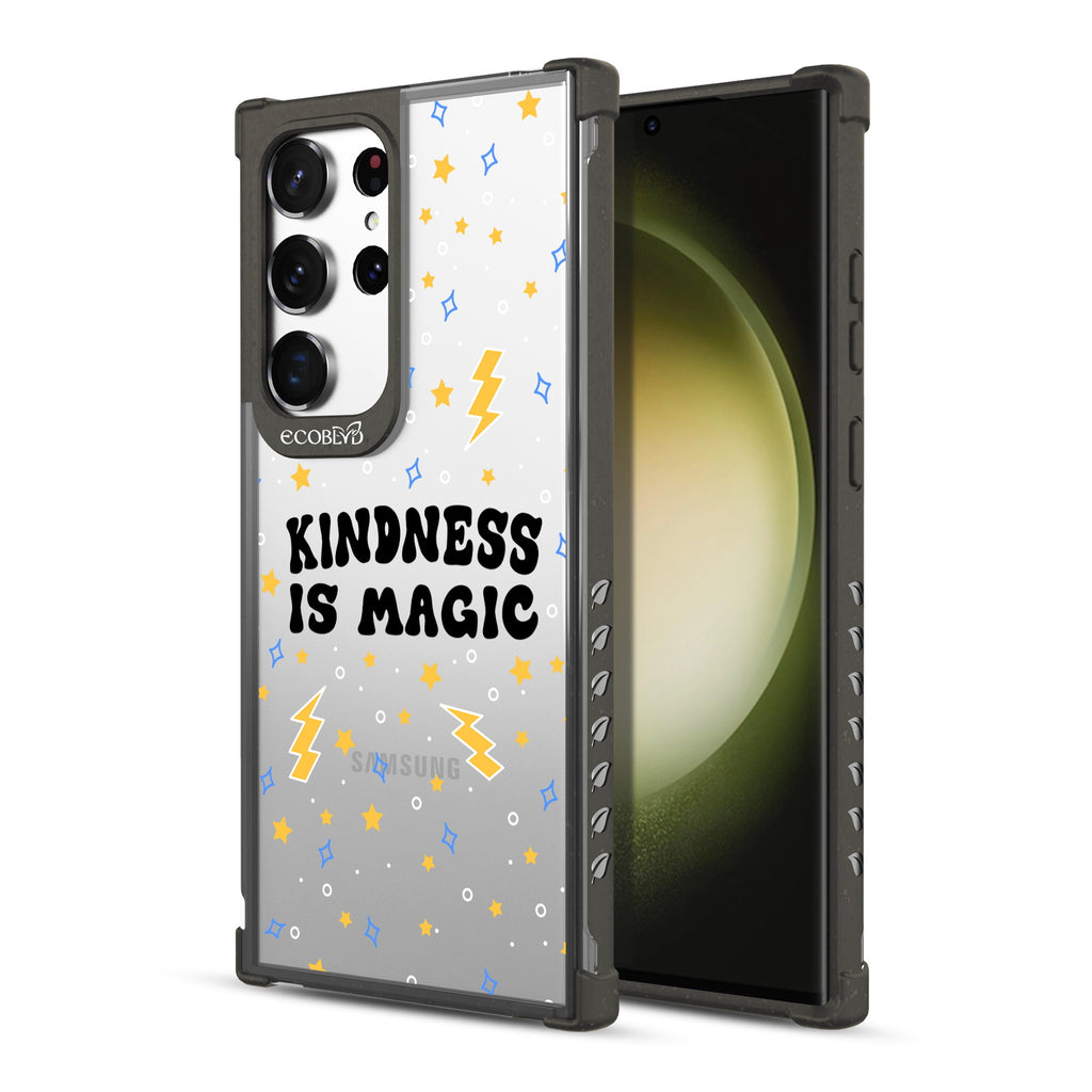 Kindness Is Magic - Back View Of Black & Clear Eco-Friendly Galaxy S23 Ultra Case & A Front View Of The Screen