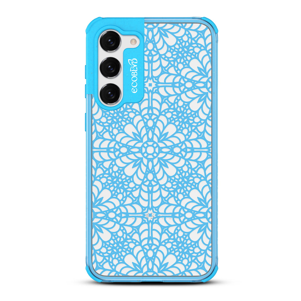 A Lil' Dainty - Blue Eco-Friendly Galaxy S23 Case with Chantilly Lace Pattern On A Clear Back
