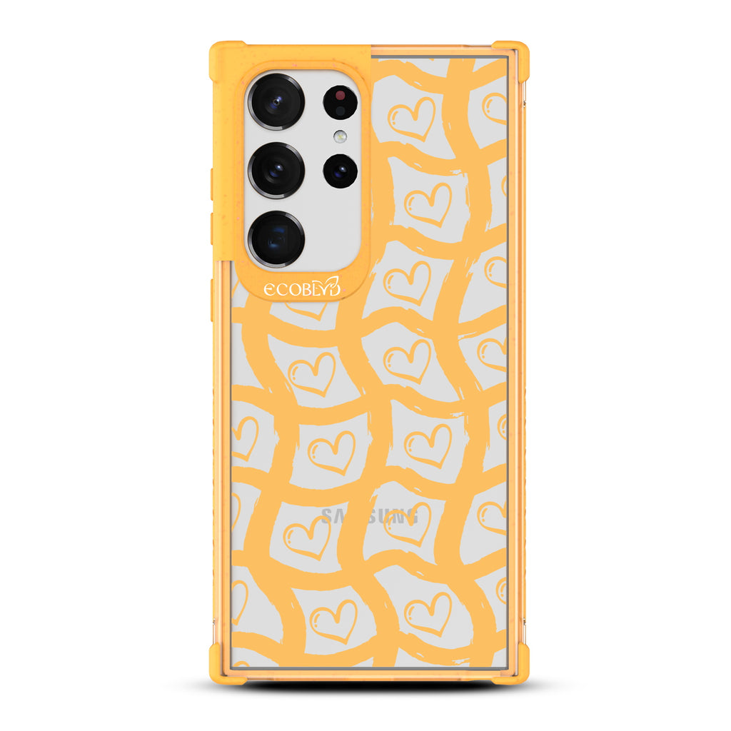 Waves Of Affection - Yellow Eco-Friendly Galaxy S23 Ultra Case With Wavy Paint Stroke Checker Print With Hearts On A Clear Back