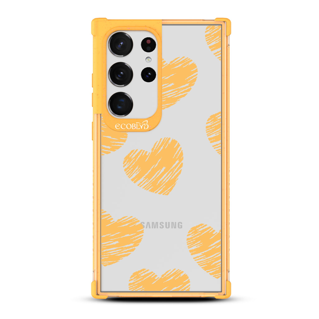 Drawn To You - Yellow Eco-Friendly Galaxy S23 Ultra Case with Sketched Hearts On A Clear Back