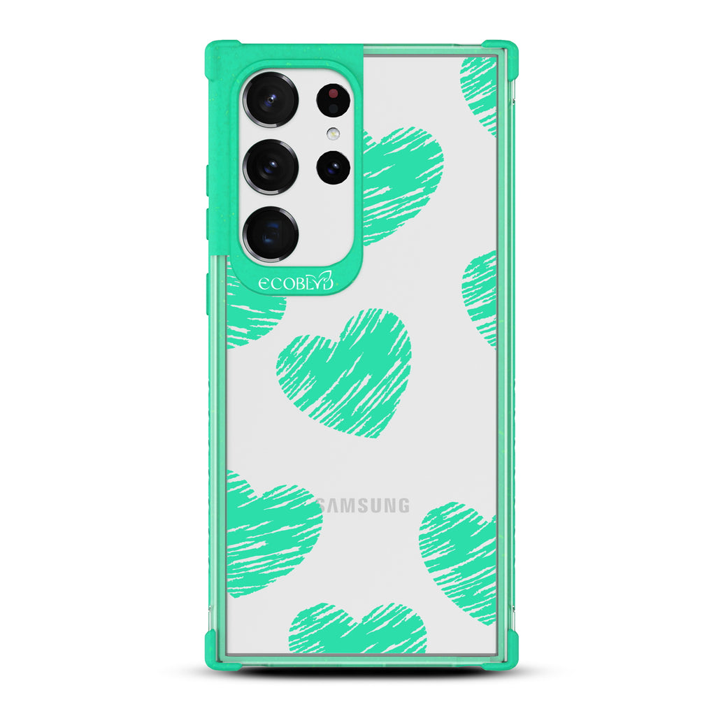 Drawn To You - Green Eco-Friendly Galaxy S23 Ultra Case with Sketched Hearts On A Clear Back