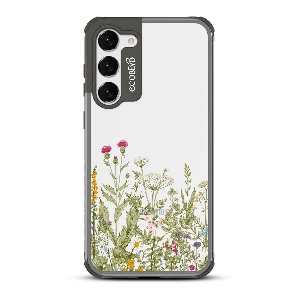Take Root - Black Eco-Friendly Galaxy S23 Plus Case With A Wild Herbs & Flowers Botanical Herbarium On A Clear Back
