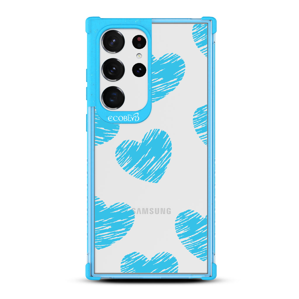 Drawn To You - Blue Eco-Friendly Galaxy S23 Ultra Case with Sketched Hearts On A Clear Back