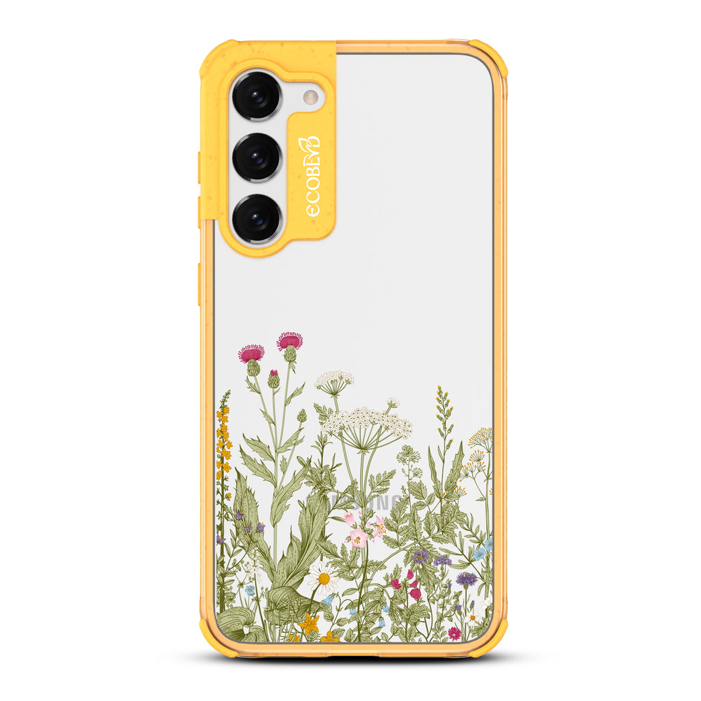 Take Root - Yellow Eco-Friendly Galaxy S23 Plus Case With A Wild Herbs & Flowers Botanical Herbarium On A Clear Back