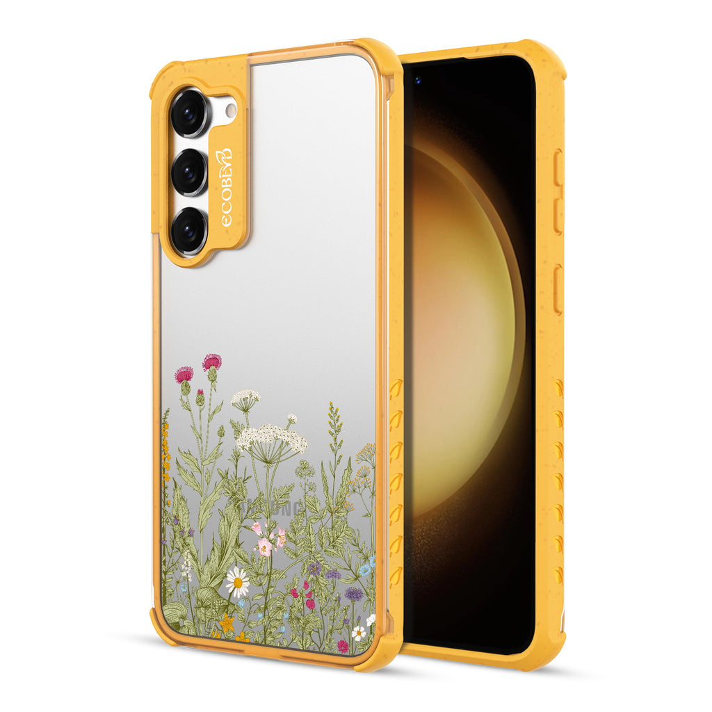 Take Root - Back View Of Yellow & Clear Eco-Friendly Galaxy S23 Case & A Front View Of The Screen