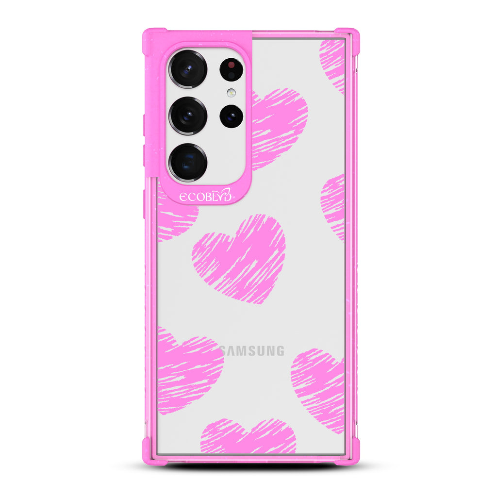 Drawn To You - Pink Eco-Friendly Galaxy S23 Ultra Case with Sketched Hearts On A Clear Back