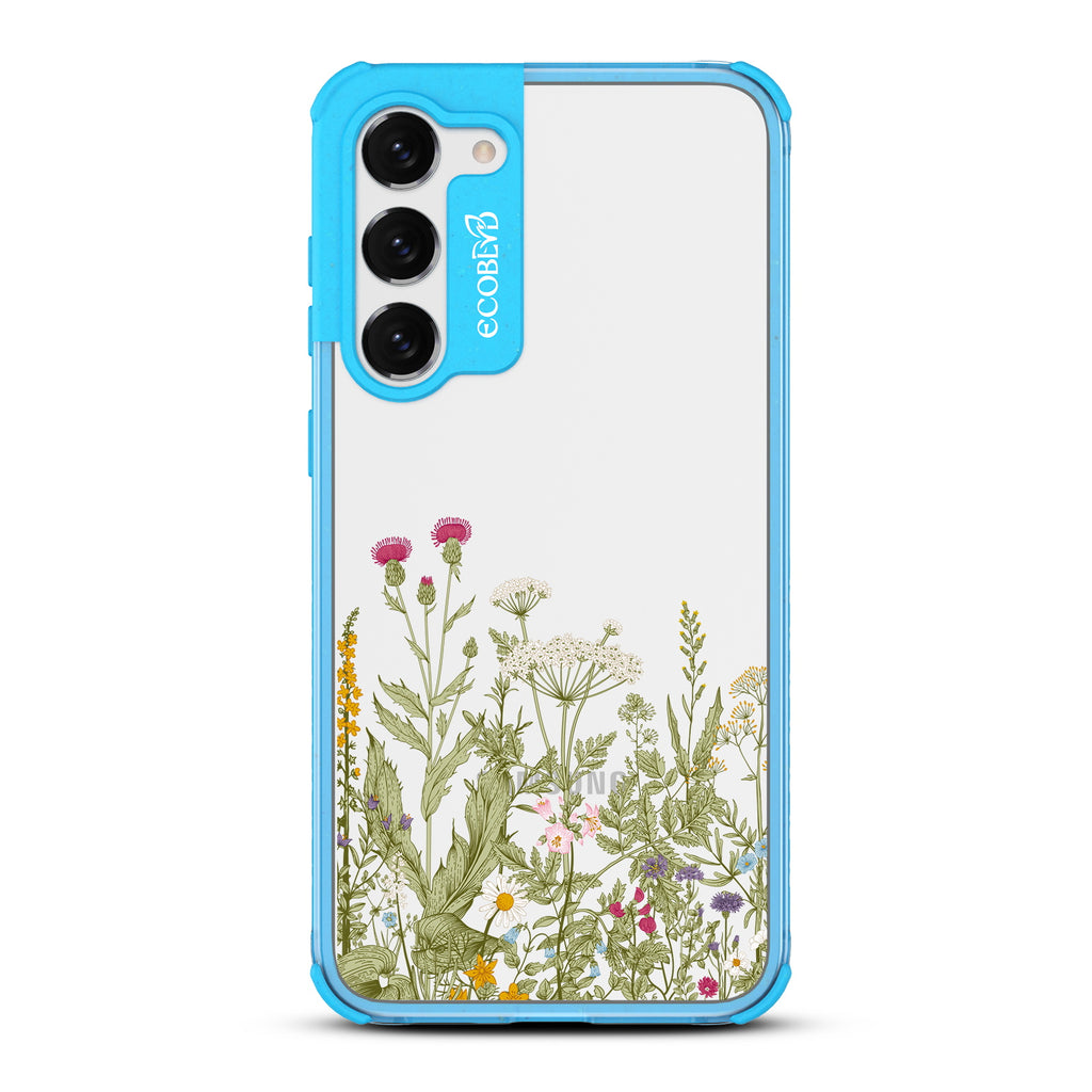 Take Root - Blue Eco-Friendly Galaxy S23 Plus Case With A Wild Herbs & Flowers Botanical Herbarium On A Clear Back
